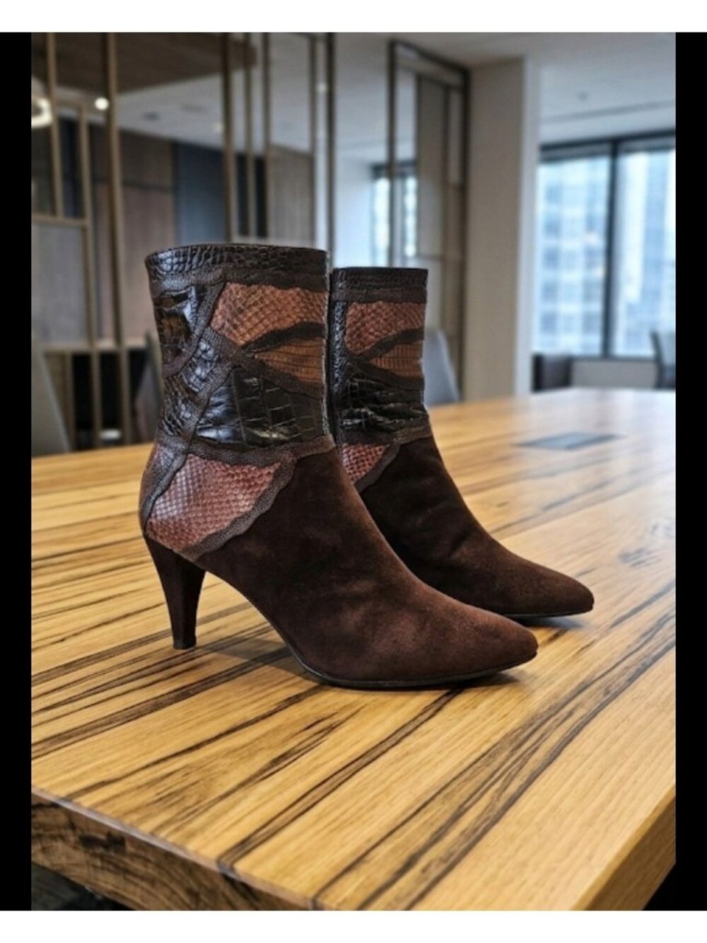 Stuart Weitzman Brown Suede Animal Skin Print Pointed Toe  Booties Women 10M